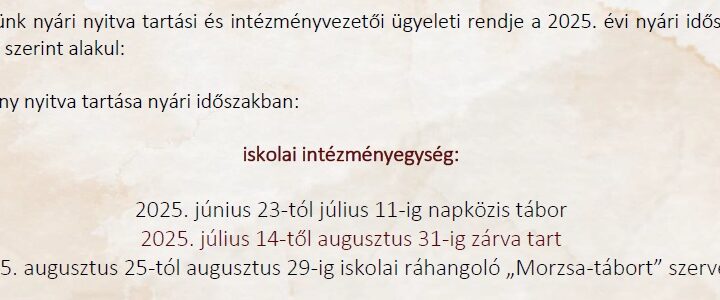 GFE SZGYÁI – Nyári nyitvatartás